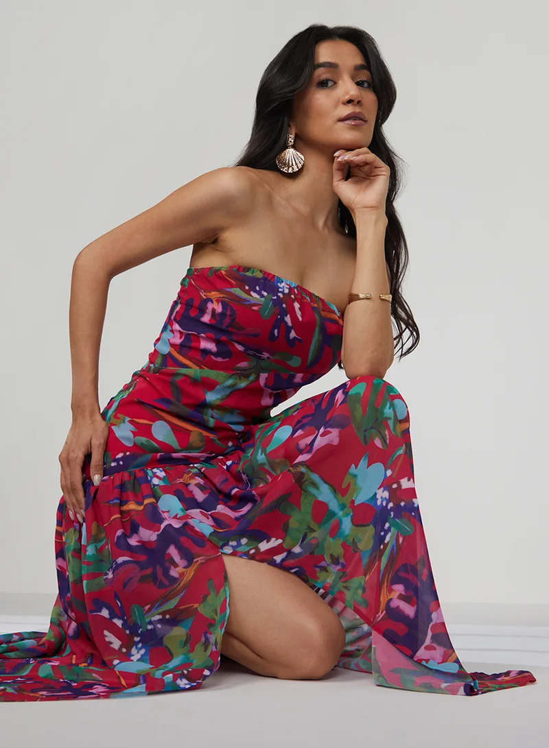 Women's Carmine Red Blurry Bandeau Dress For Casual Wear | Off-Shoulder | Sleeveless | Pull On Closure | Dress Designed With Comfortable Fit For Woman & Girls